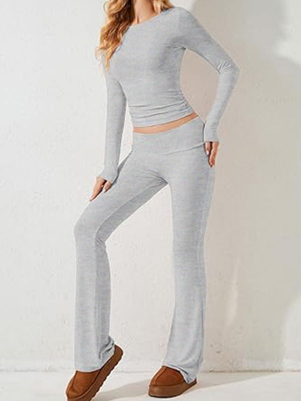 Pants Set- Women's Sporty Solid Set - Long Sleeve Tee & Wide-Waist Pants- - IndioGear Fashion and Gear