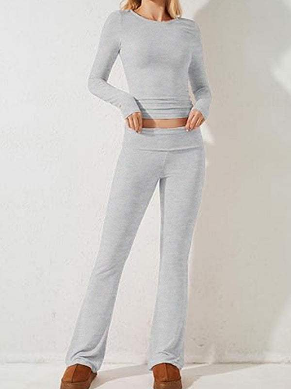 Pants Set- Women's Sporty Solid Set - Long Sleeve Tee & Wide-Waist Pants- - IndioGear Fashion and Gear