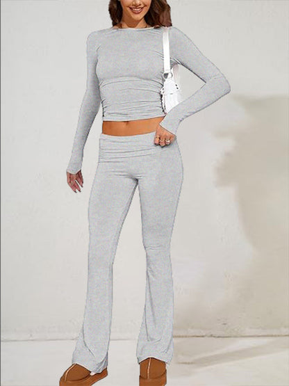 Pants Set- Women's Sporty Solid Set - Long Sleeve Tee & Wide-Waist Pants- - IndioGear Fashion and Gear