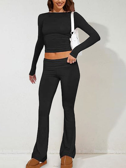 Pants Set- Women's Sporty Solid Set - Long Sleeve Tee & Wide-Waist Pants- - IndioGear Fashion and Gear