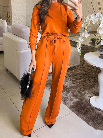 Pants Set- Women's Two-Piece Long Sleeve T-Shirt and Elastic Waist Pants- Orange- IndioGear Fashion and Gear