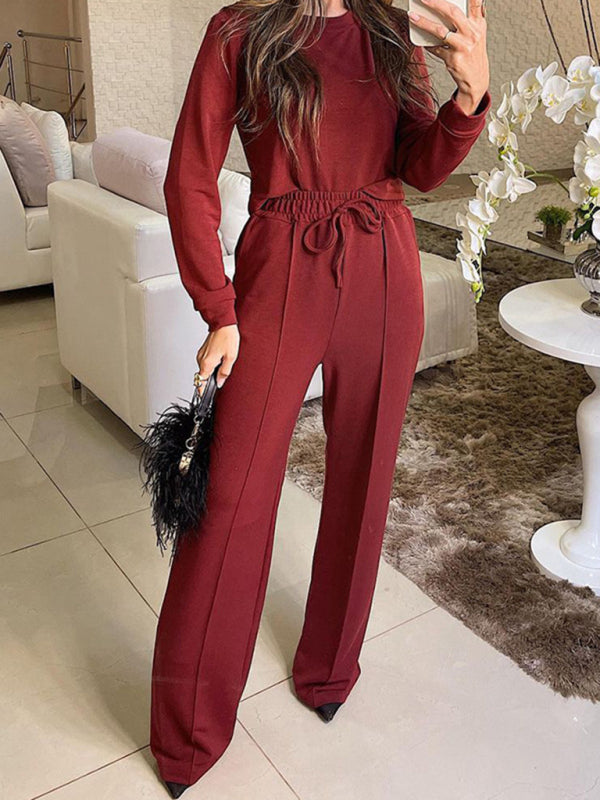 Pants Set- Women's Two-Piece Long Sleeve T-Shirt and Elastic Waist Pants- Wine Red- IndioGear Fashion and Gear