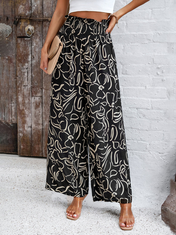 Pants- Smocked High Rise Tropical Trousers - Wide Leg Pants- - IndioGear Fashion and Gear