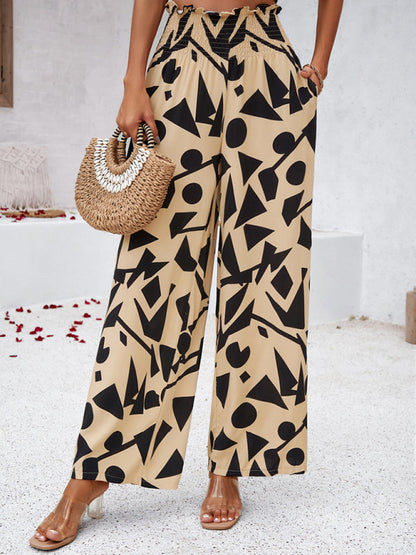 Pants- Smocked High Rise Tropical Trousers - Wide Leg Pants- Yellow- IndioGear Fashion and Gear