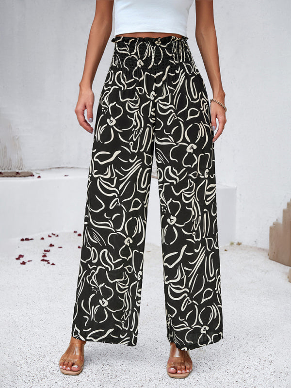 Pants- Smocked High Rise Tropical Trousers - Wide Leg Pants- - IndioGear Fashion and Gear