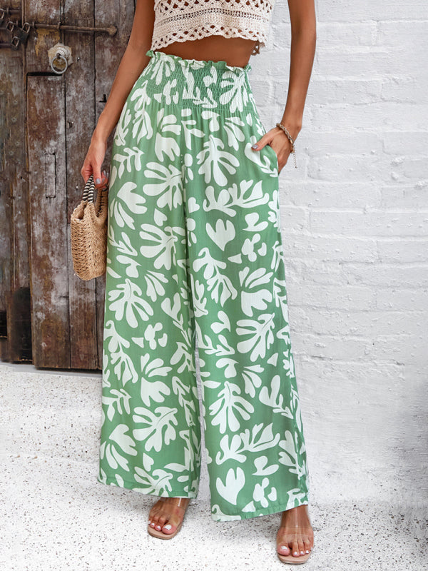 Pants- Smocked High Rise Tropical Trousers - Wide Leg Pants- - IndioGear Fashion and Gear