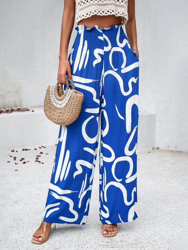 Pants- Smocked High Rise Tropical Trousers - Wide Leg Pants- - IndioGear Fashion and Gear