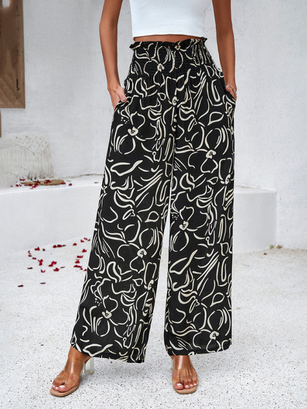 Pants- Smocked High Rise Tropical Trousers - Wide Leg Pants- - IndioGear Fashion and Gear