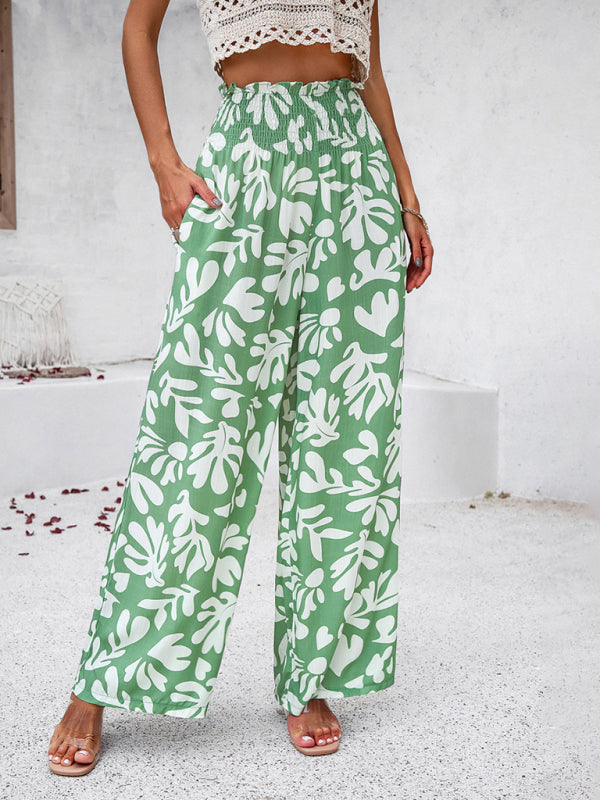 Pants- Smocked High Rise Tropical Trousers - Wide Leg Pants- - IndioGear Fashion and Gear