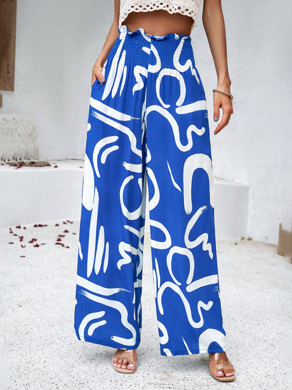 Pants- Smocked High Rise Tropical Trousers - Wide Leg Pants- - IndioGear Fashion and Gear