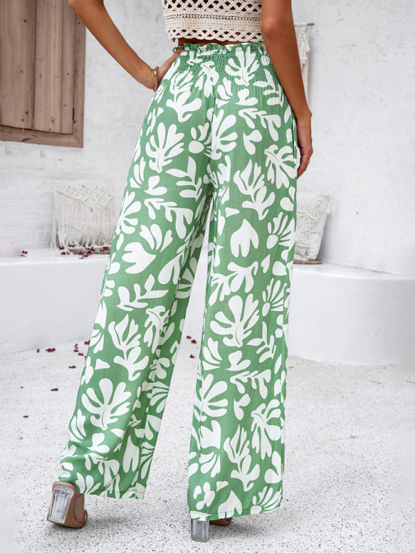 Pants- Smocked High Rise Tropical Trousers - Wide Leg Pants- - IndioGear Fashion and Gear