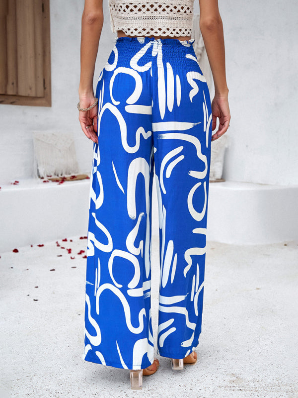 Pants- Smocked High Rise Tropical Trousers - Wide Leg Pants- - IndioGear Fashion and Gear