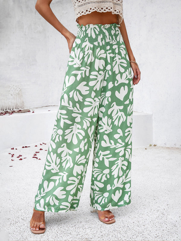 Pants- Smocked High Rise Tropical Trousers - Wide Leg Pants- - IndioGear Fashion and Gear