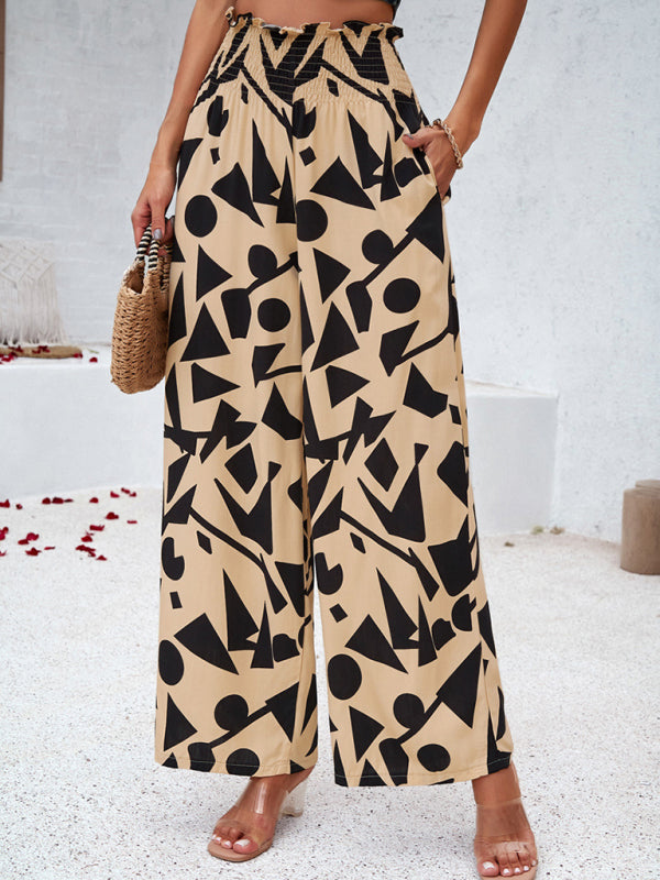 Pants- Smocked High Rise Tropical Trousers - Wide Leg Pants- - IndioGear Fashion and Gear