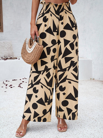 Pants- Smocked High Rise Tropical Trousers - Wide Leg Pants- - IndioGear Fashion and Gear