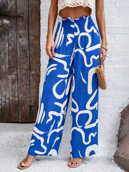 Pants- Smocked High Rise Tropical Trousers - Wide Leg Pants- - IndioGear Fashion and Gear