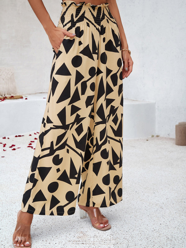 Pants- Smocked High Rise Tropical Trousers - Wide Leg Pants- - IndioGear Fashion and Gear