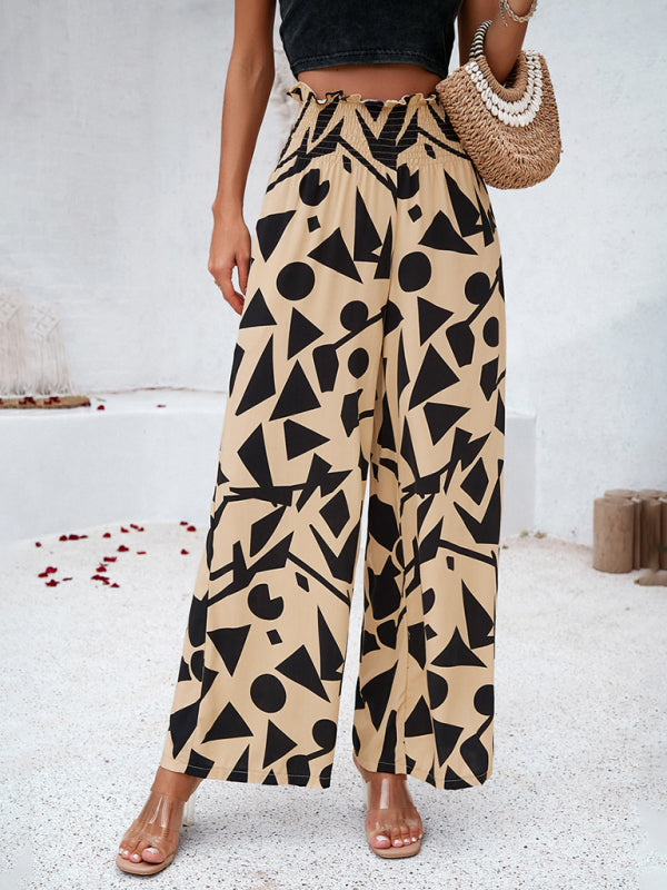 Pants- Smocked High Rise Tropical Trousers - Wide Leg Pants- - IndioGear Fashion and Gear