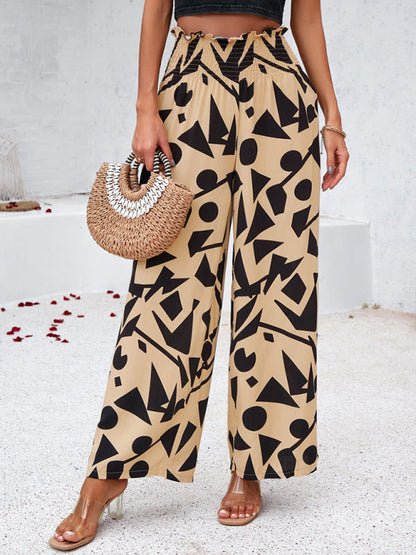 Pants- Smocked High Rise Tropical Trousers - Wide Leg Pants- - IndioGear Fashion and Gear