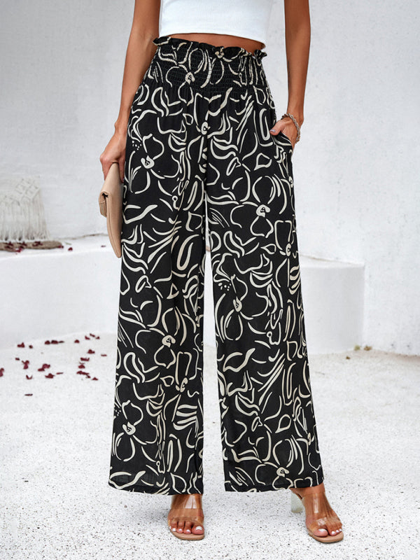 Pants- Smocked High Rise Tropical Trousers - Wide Leg Pants- - IndioGear Fashion and Gear