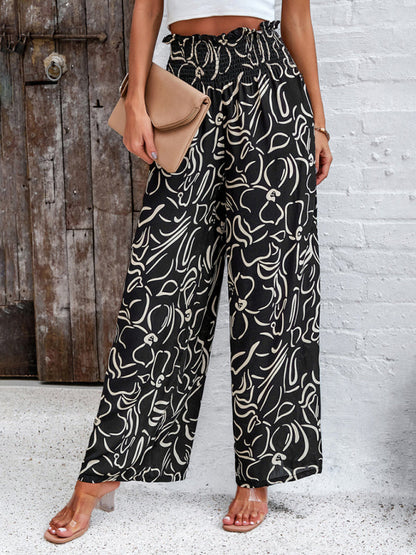 Pants- Smocked High Rise Tropical Trousers - Wide Leg Pants- Black- IndioGear Fashion and Gear