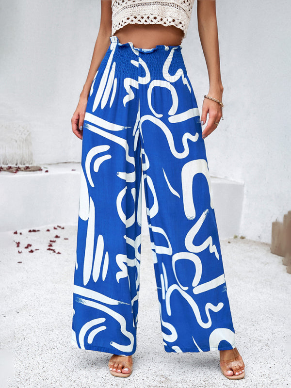 Pants- Smocked High Rise Tropical Trousers - Wide Leg Pants- Champlain color- IndioGear Fashion and Gear