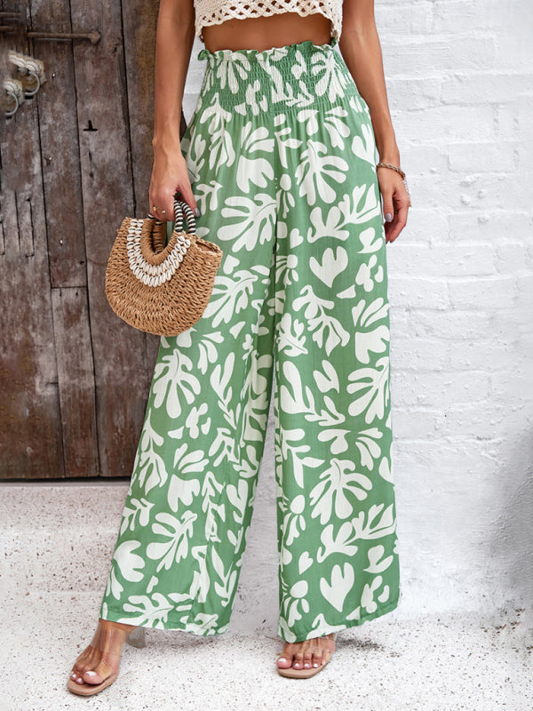 Pants- Smocked High Rise Tropical Trousers - Wide Leg Pants- Green- IndioGear Fashion and Gear