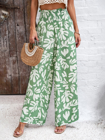 Pants- Smocked High Rise Tropical Trousers - Wide Leg Pants- Green- IndioGear Fashion and Gear