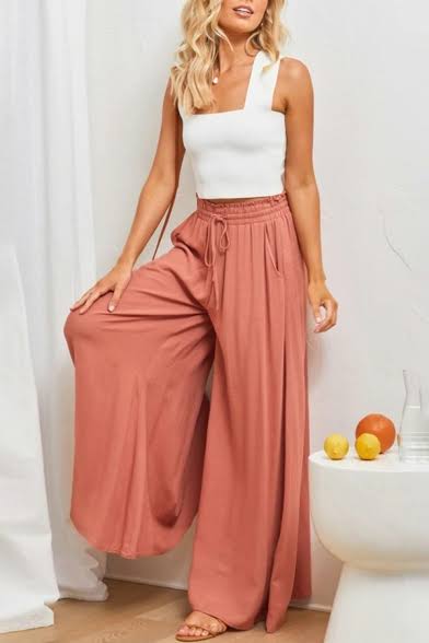 Pants- Solid Smocked Waist Wide-Leg Pants- - IndioGear Fashion and Gear