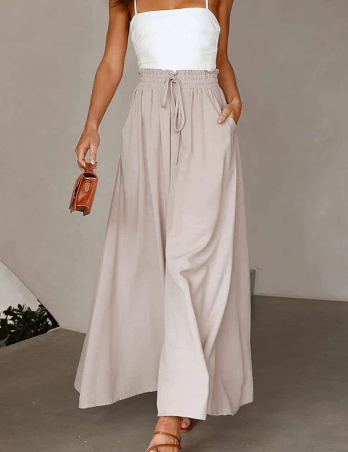 Pants- Solid Smocked Waist Wide-Leg Pants- - IndioGear Fashion and Gear