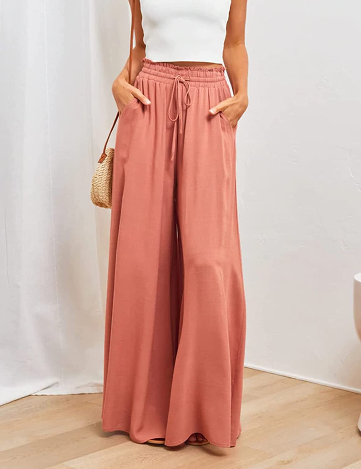 Pants- Solid Smocked Waist Wide-Leg Pants- - IndioGear Fashion and Gear