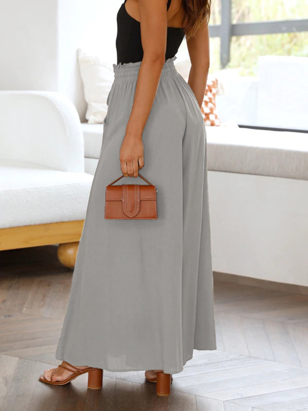 Pants- Solid Smocked Waist Wide-Leg Pants- - IndioGear Fashion and Gear