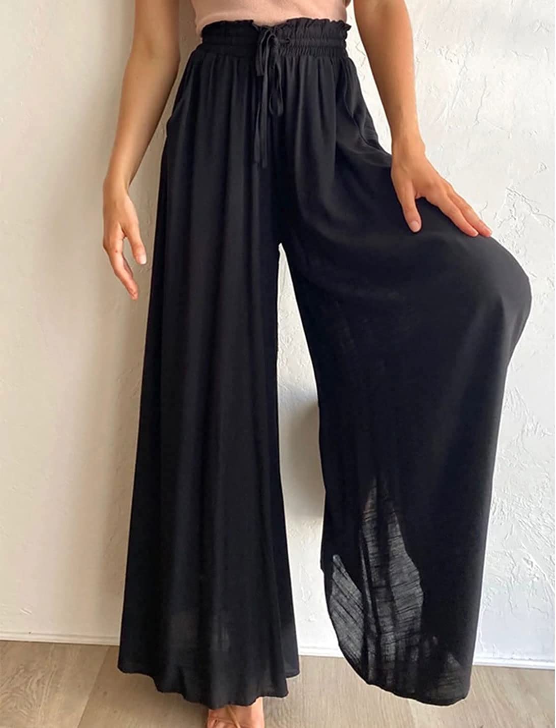 Pants- Solid Smocked Waist Wide-Leg Pants- - IndioGear Fashion and Gear