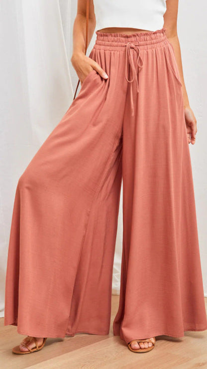 Pants- Solid Smocked Waist Wide-Leg Pants- Pink- IndioGear Fashion and Gear