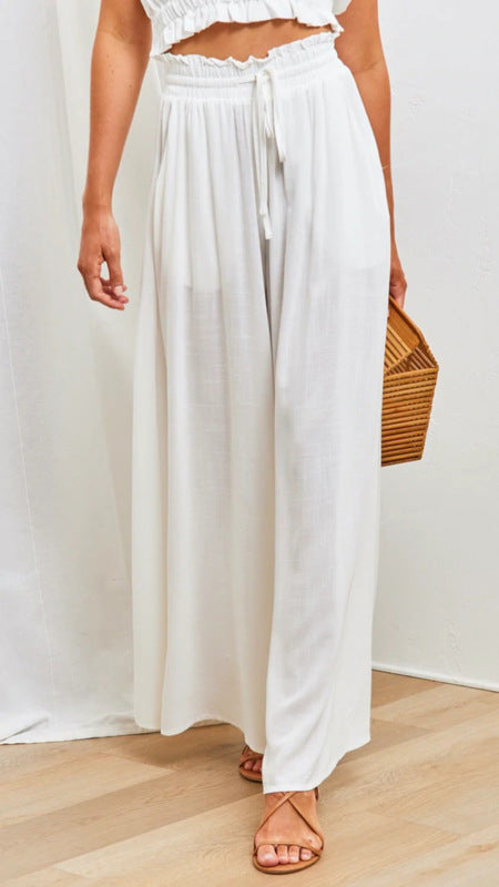 Pants- Solid Smocked Waist Wide-Leg Pants- - IndioGear Fashion and Gear