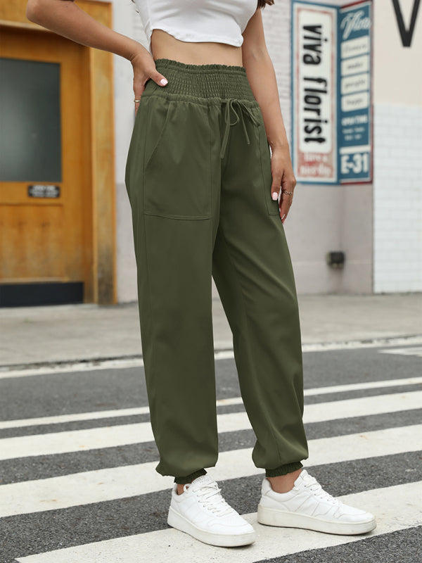 Pants- Sporty Elastic High Waist Casual Pants - Joggers- Olive green- IndioGear Fashion and Gear