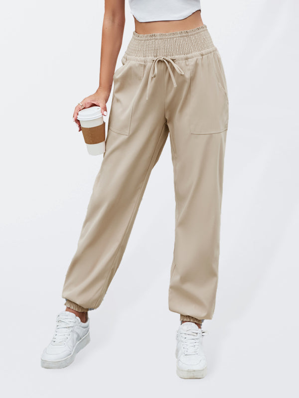 Pants- Sporty Elastic High Waist Casual Pants - Joggers- Khaki Beige- IndioGear Fashion and Gear