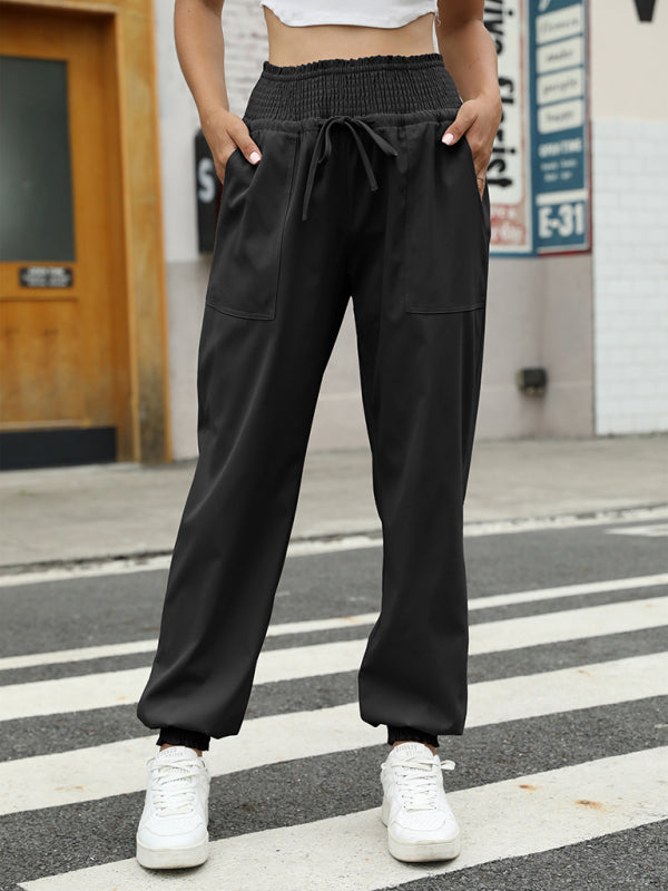 Pants- Sporty Elastic High Waist Casual Pants - Joggers- Black- IndioGear Fashion and Gear