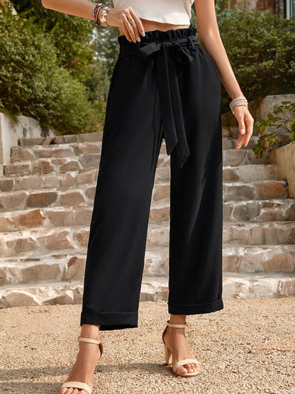 Pants- Straight-Leg Trousers with High Waist and Waist-Tie Belt - Pants- - IndioGear Fashion and Gear