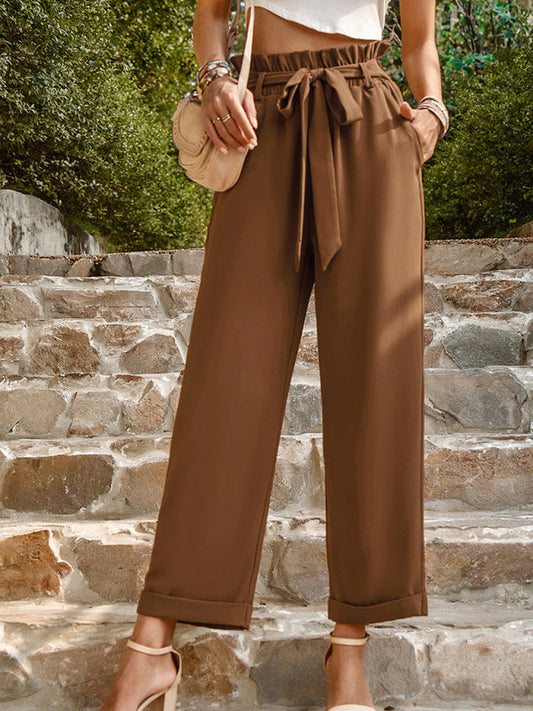 Pants- Straight-Leg Trousers with High Waist and Waist-Tie Belt - Pants- Brown- IndioGear Fashion and Gear