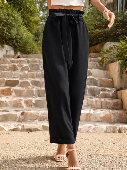 Pants- Straight-Leg Trousers with High Waist and Waist-Tie Belt - Pants- - IndioGear Fashion and Gear