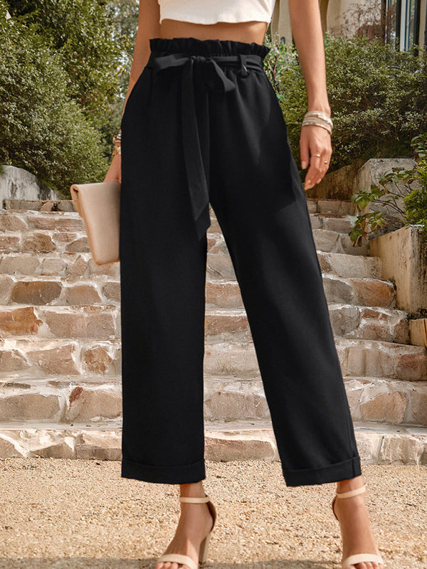 Pants- Straight-Leg Trousers with High Waist and Waist-Tie Belt - Pants- - IndioGear Fashion and Gear