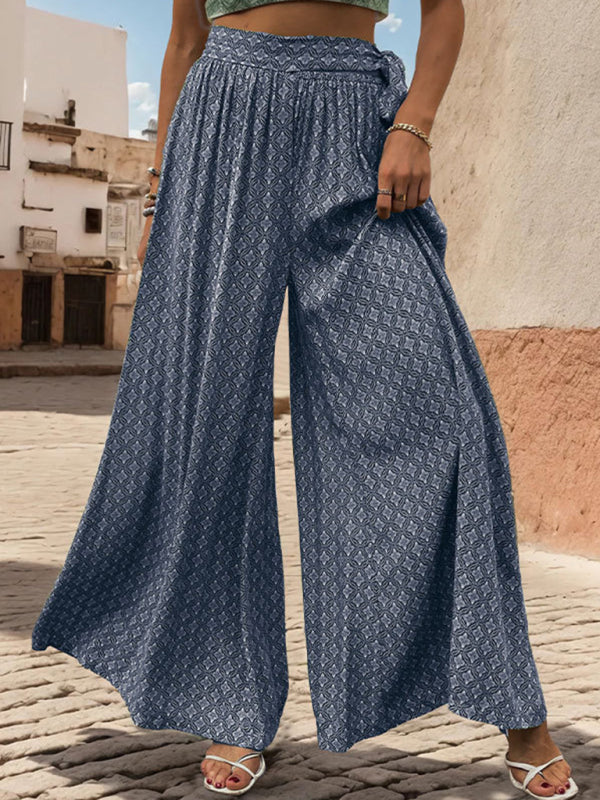 Pants- Tribal Print Flowy Pants with Tie Waist - Wide-Leg Trousers- - IndioGear Fashion and Gear