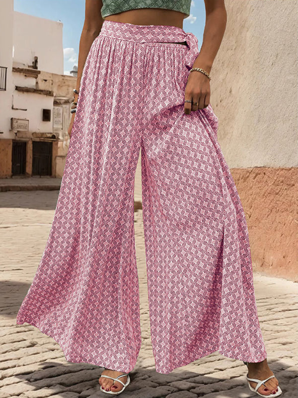 Pants- Tribal Print Flowy Pants with Tie Waist - Wide-Leg Trousers- - IndioGear Fashion and Gear