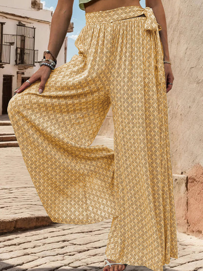 Pants- Tribal Print Flowy Pants with Tie Waist - Wide-Leg Trousers- Yellow- IndioGear Fashion and Gear