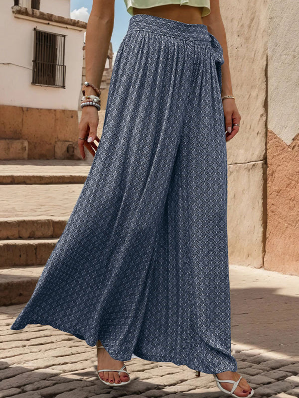 Pants- Tribal Print Flowy Pants with Tie Waist - Wide-Leg Trousers- - IndioGear Fashion and Gear