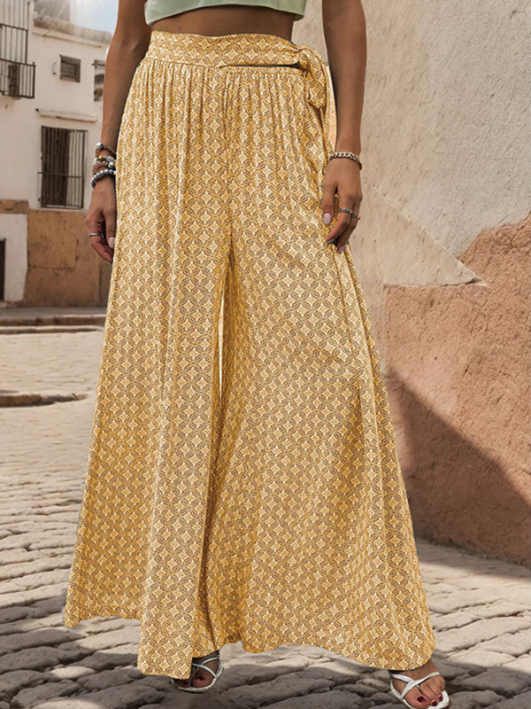 Pants- Tribal Print Flowy Pants with Tie Waist - Wide-Leg Trousers- - IndioGear Fashion and Gear