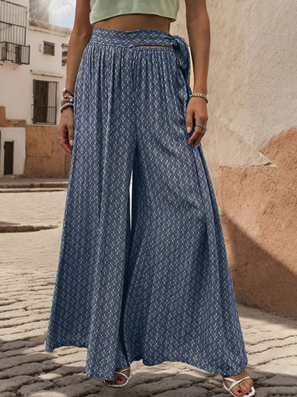 Pants- Tribal Print Flowy Pants with Tie Waist - Wide-Leg Trousers- - IndioGear Fashion and Gear