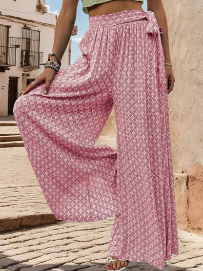 Pants- Tribal Print Flowy Pants with Tie Waist - Wide-Leg Trousers- Pink- IndioGear Fashion and Gear