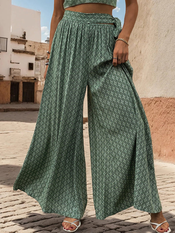 Pants- Tribal Print Flowy Pants with Tie Waist - Wide-Leg Trousers- - IndioGear Fashion and Gear